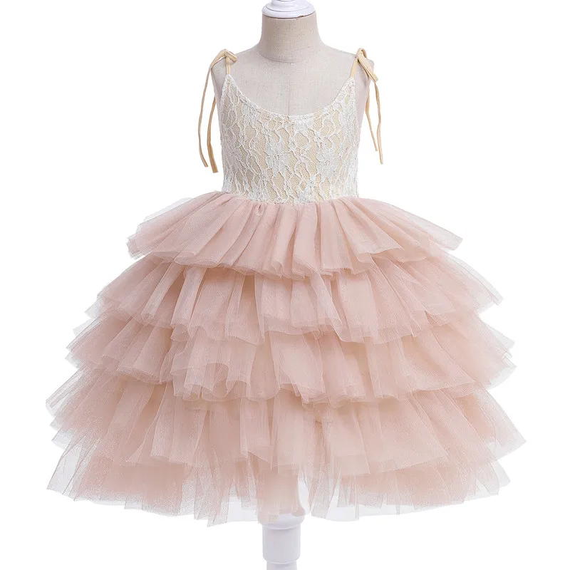 Summer Girls Sleeveless Strap Princess Dress Kids Lace Flower First Communion Dresses Children New Fashion Beach Tulle Clothes