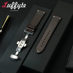 Butterfly Clasp Genuine Leather Quick Release Watch Strap - Oil Wax Skin Bracelet - 22mm (Dark Brown)