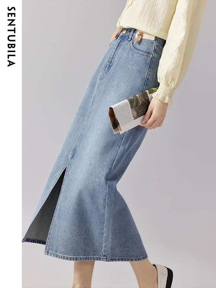 

SENTUBILA Vintage High Waist Split Denim Jean Skirts for Women 2023 Autumn Fashion Washed Denim A-line Midi Slit Skirt W31Q48577