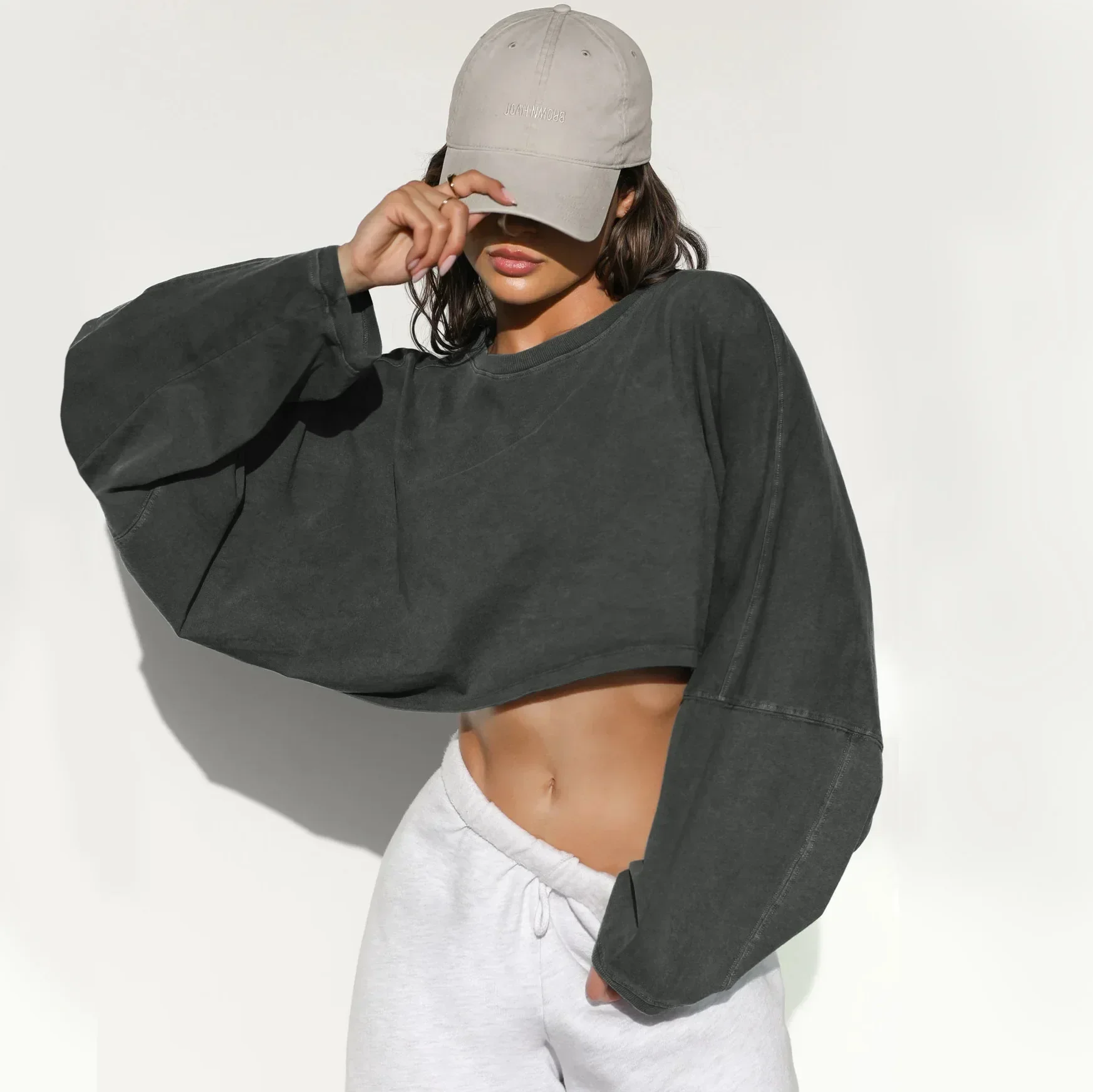 Y2k Women Round Neck Casual Sweatshirt Sport Coat Pullover Harajuku Solid Long Sleeve Crop Feminino  Top Oversized Short Jacket