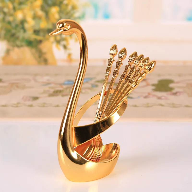 כפית קפה בסגנון אירופאי רטרו, כפית תה קינוח, ערכת מזלג פירות פלדה חלודה גבוהה, אחסון בסיס ברבור יצירתי