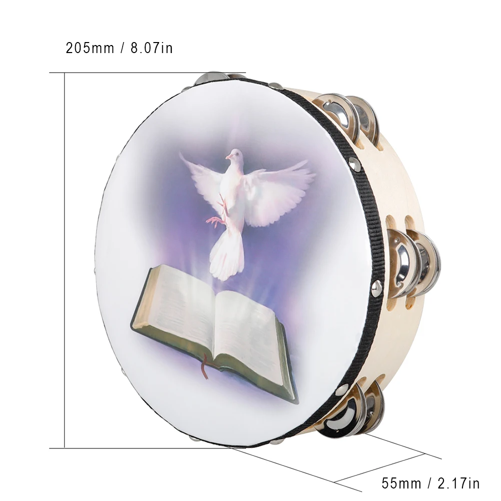 Dove and Bible Church Tambourine with Double Row Jingles 8 Inch Hand Held Drum Bell Double Row Tambourine for Kids Adults