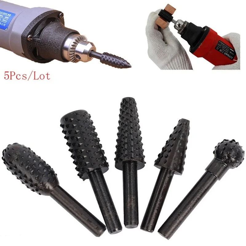 

5pcs Drill Bits Metal Rotary Burr Drill Bit Wood File Grinder Milling Rasp Wood Stone Metal Root Carving Milling Cutter Tools