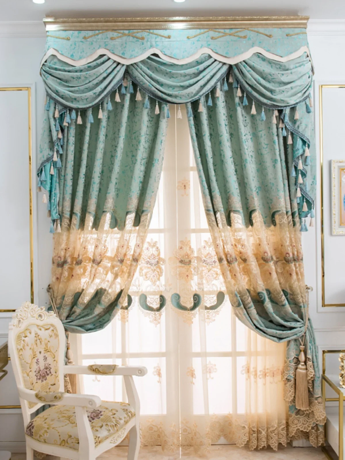 Chenille Cashmere Hollow Out Embroidered Window Screen Green Jacquard Thickened Curtains for Living Room Bedroom French Window 4