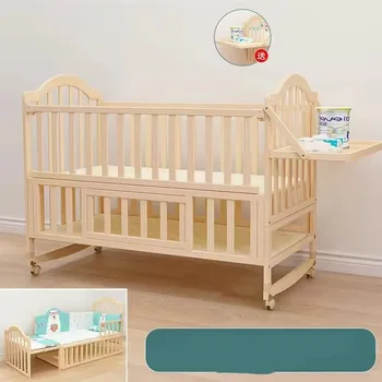 Solid Pine Wood Baby Crib Stitching Big Bed, Multifunctional Kid Cot Can Extend To 168cm Suit For Elder Children 1
