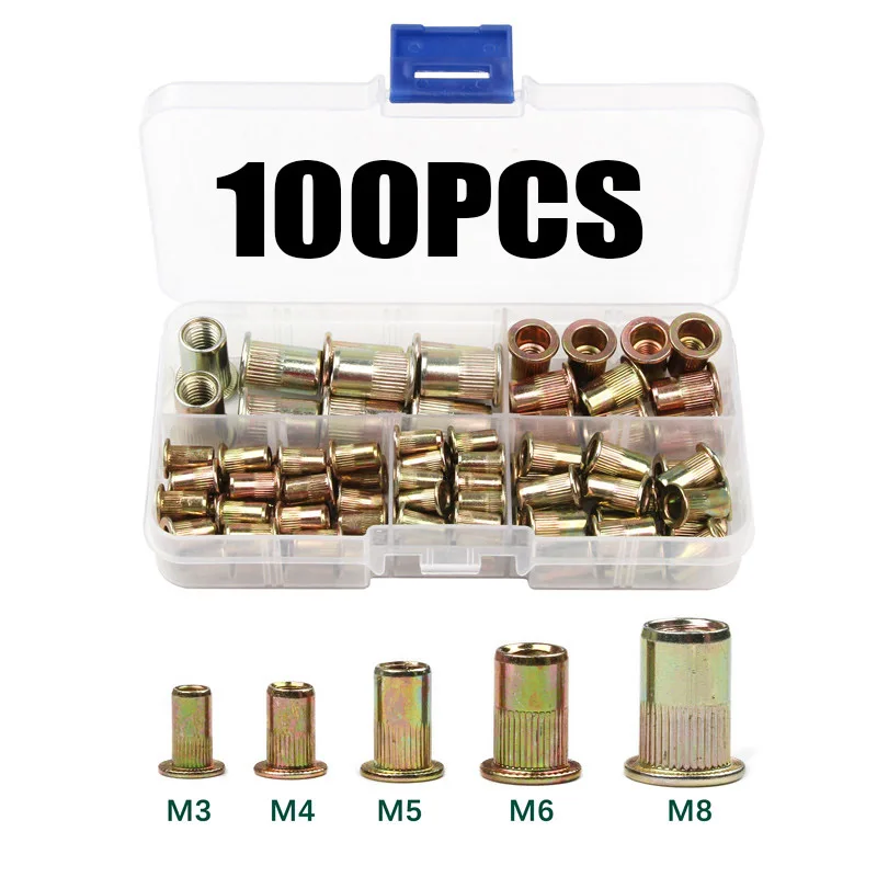 100pcs M3 M4 M5 M6 M8 Zinc Plated Carbon Steel Rivet Nuts Insert Flat Head Threaded Rivet Insert Nutsert Cap Nut