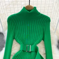 YuooMuoo Ins Hot Turtleneck Sexy Wrap Hips Knitted Dresses Women 2025 Autumn Winter Long Sleeve Bodycon Sweater Dress with Belt - Image 6