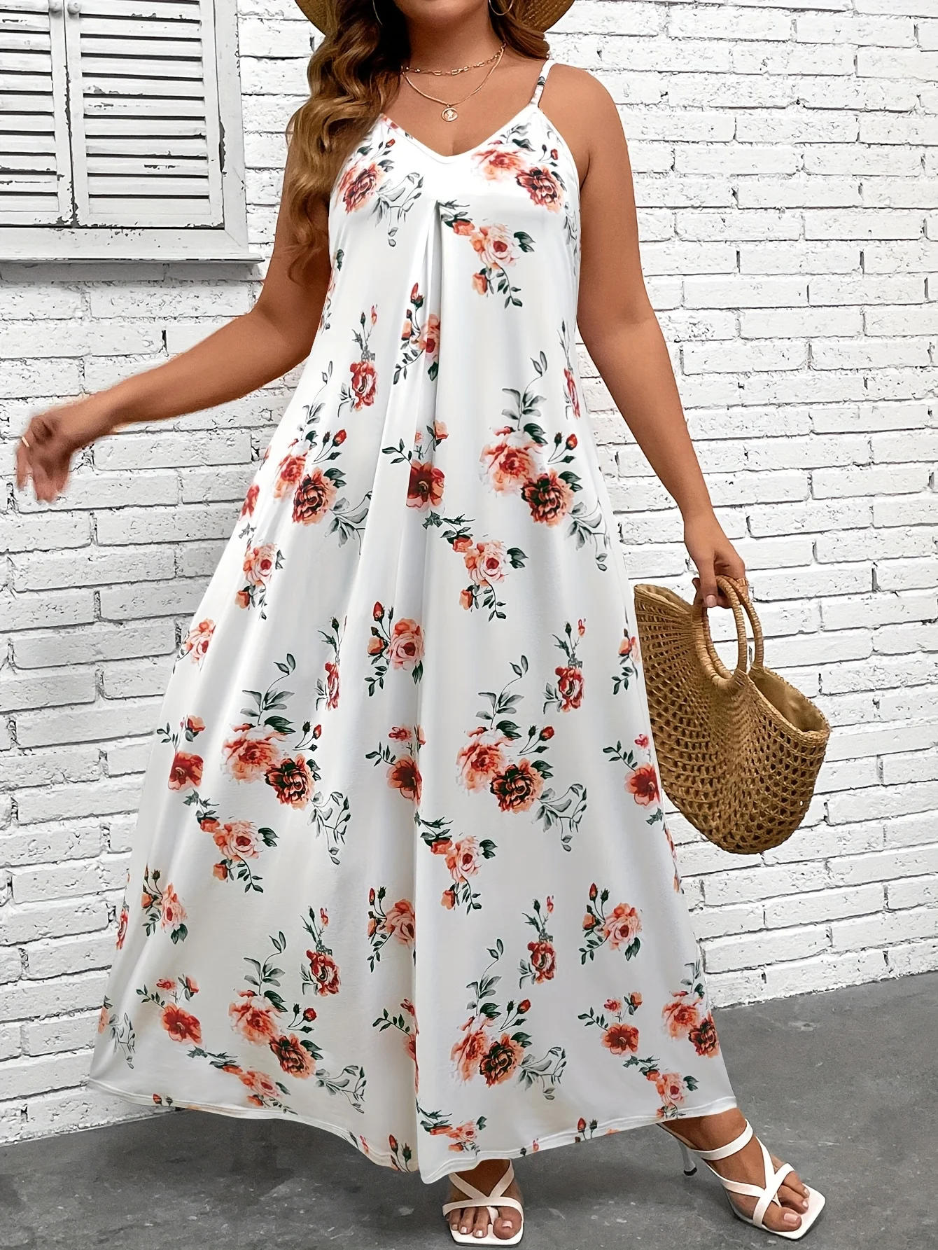 

Finjani Plus Size Casual Dress, Women's Plus Floral Print V Neck Slight Stretch Maxi Cami Dress