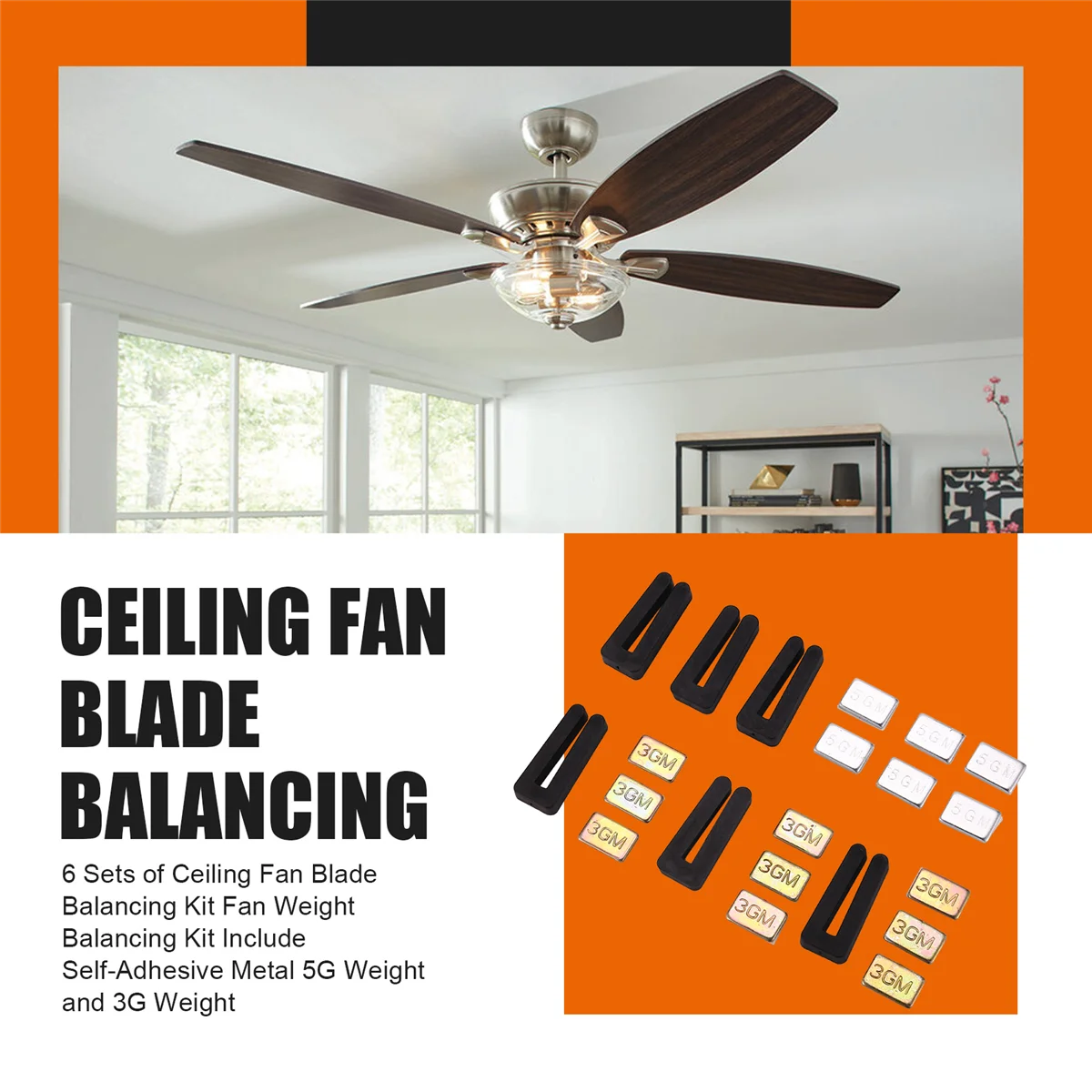 6 Sets of Ceiling Fan Blade Balancing Kit Fan Weight Balancing Kit Include Self-Adhesive Metal 5G Weight and 3G F