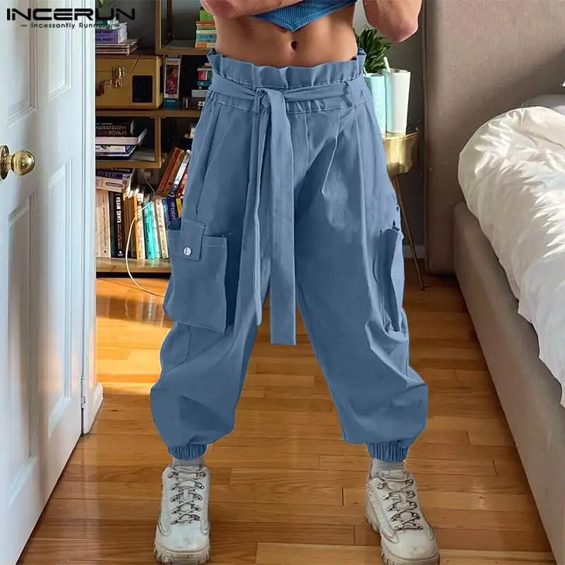 INCERUN 남성 카고 바지 솔리드 조깅 신축성있는 허리 바지 남성 벨트 streetwear 느슨한 2024 패션 캐주얼 Pantalon S-5XL