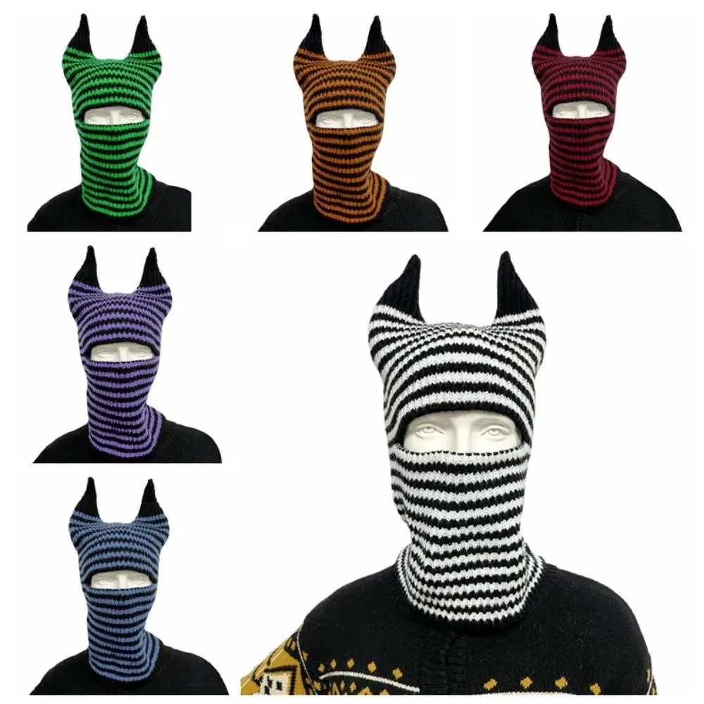 

Cow Horn Cow Horn Knitted Hat Riding Mask Letter Cap Multifunctional Warm Neck Cover Baotou Hat Stripe Riding Mask Winter Scarf