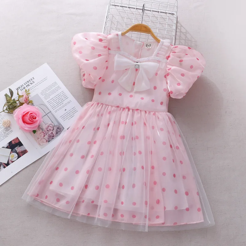

Cute Girls Bow Polka Dot Dress Summer Bubble Sleeve Mesh Party Princess Dresses Sweet Birthday Frock Toddler Kids Clothes 3-10Y