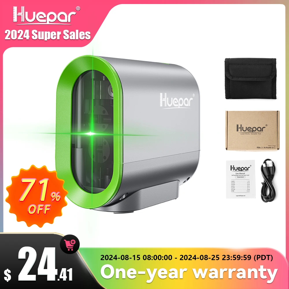 Huepar 2 lines Self-leveling Laser Level & Rechargeable Li-ion Battery Green Beam Cross Line with Pulse Mode & Tripod laser Tool