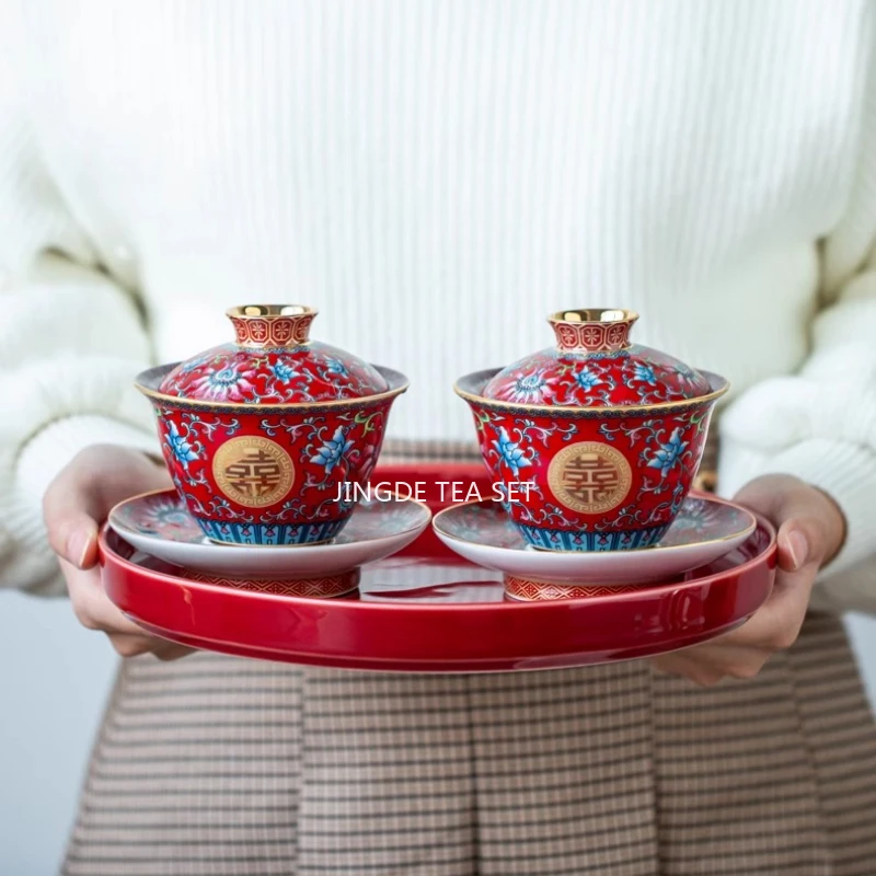 Chinese Retro Style, Chinese Red Wedding Tea Set, Enamel Ceramic, Xi Printed, Bringing Joy and Auspiciousness Gaiwan Tea Set