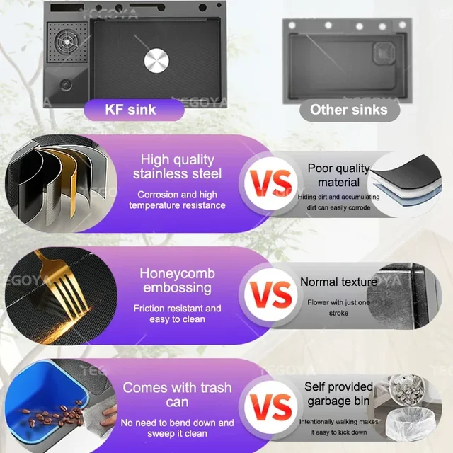 อ่างล้างจานสแตนเลสน้ําตกพร้อมถังขยะถ้วยล้างห้องครัวเคาน์เตอร์อ่างล้างหน้าขนาดใหญ่อ่างล้างจานเดี่ยว 2