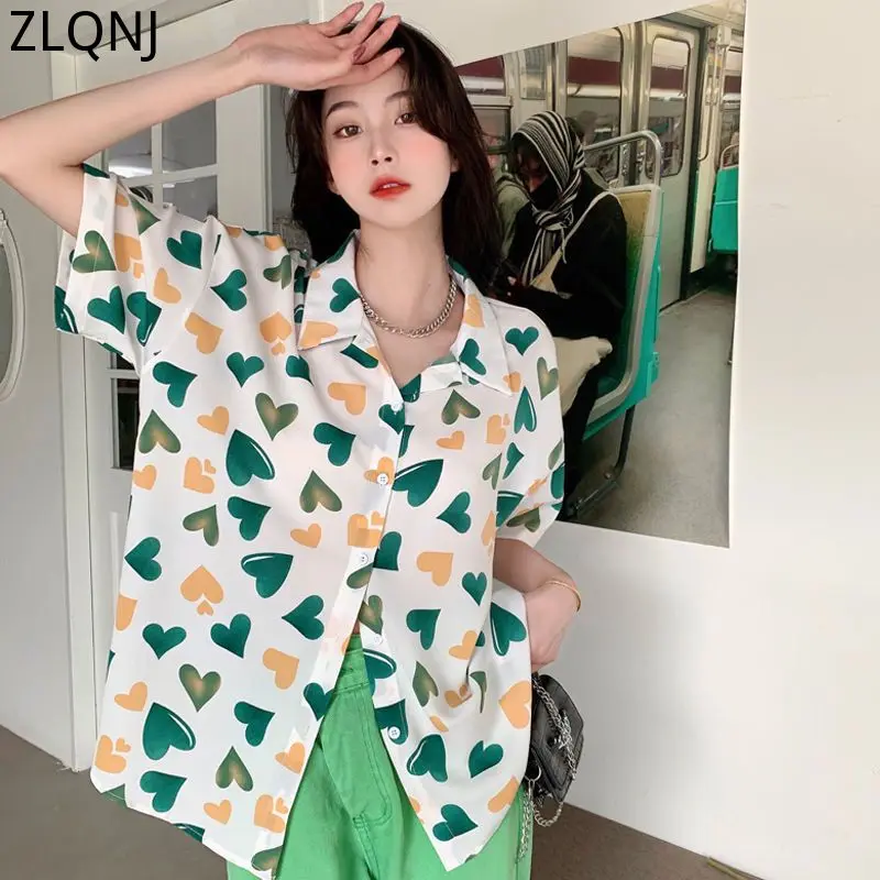 

Short Sleeve Hawaiian Shirt Women Korean Casual Blouse Top 2023 Summer Fashion Harajuku Aesthetic Heart Print Shirts Streetwear