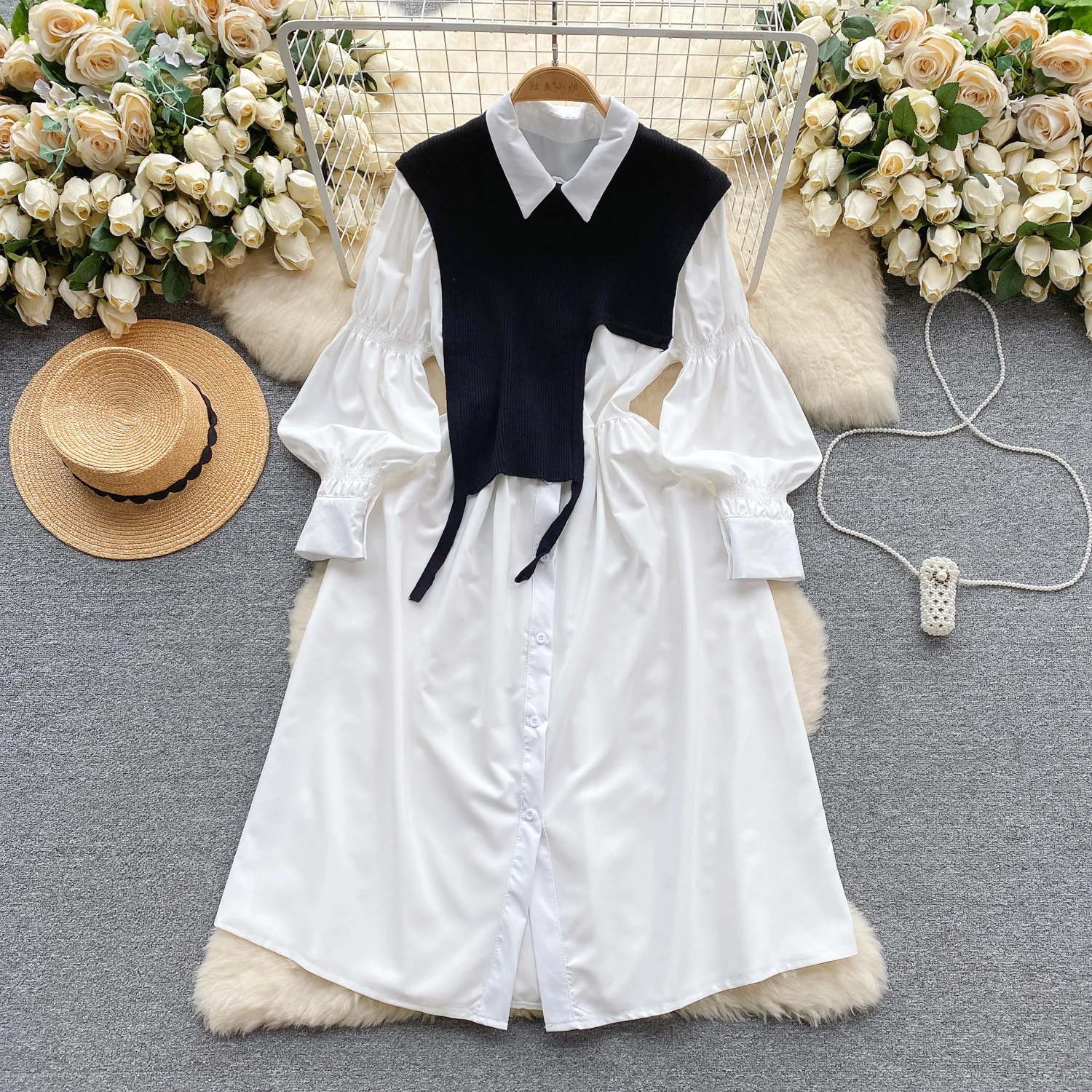 

VANOVICH Spring New Design Asymmetrical Loose Pullover Sweater Fashion Solid Color Puff Sleeve A-line Long Dress Two-piece Sets