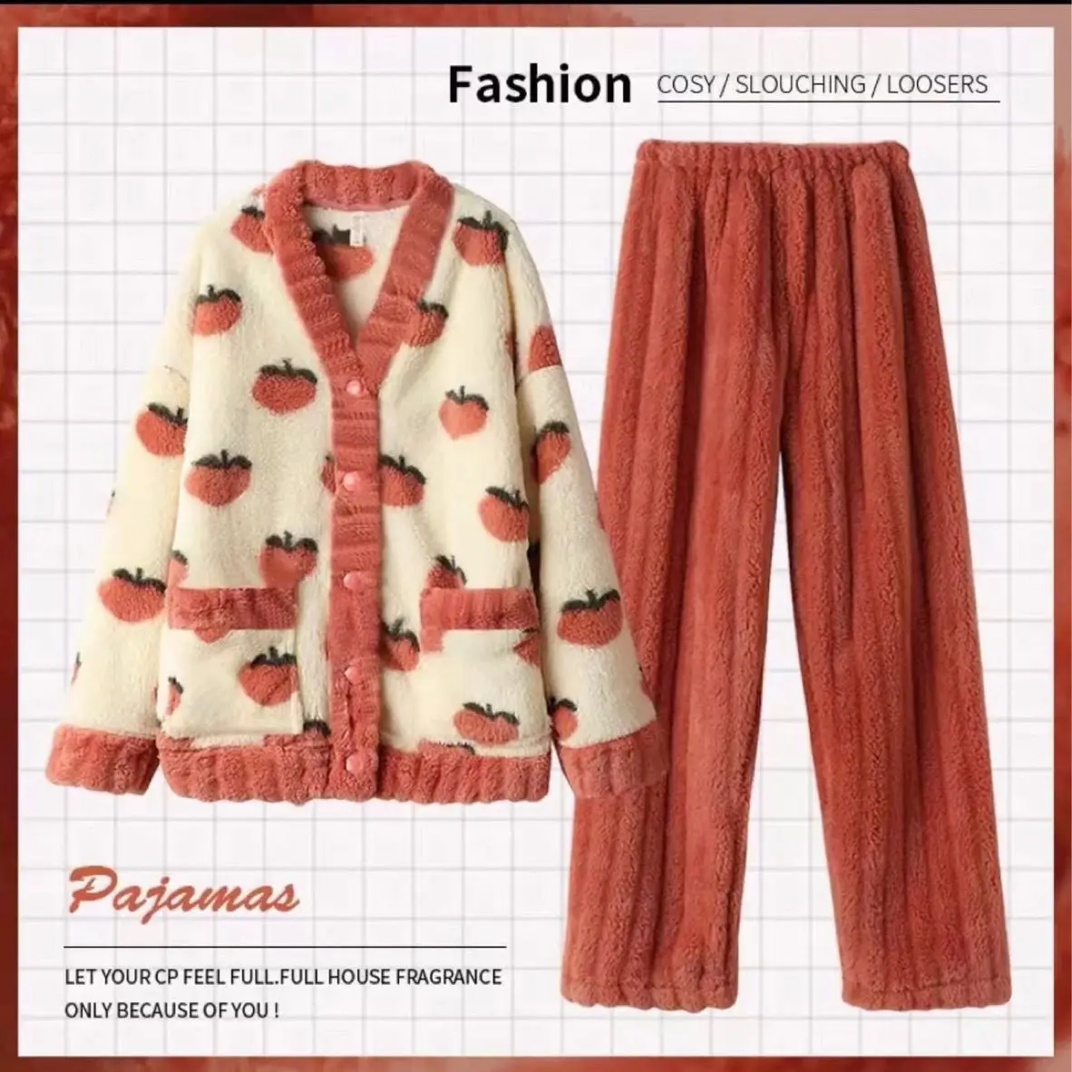 Conjunto de pijama con estampado de fresas para mujer, ropa de dormir de terciopelo polar, traje de Casa esponjoso, ropa de noche cálida coreana, invierno, 2 piezas