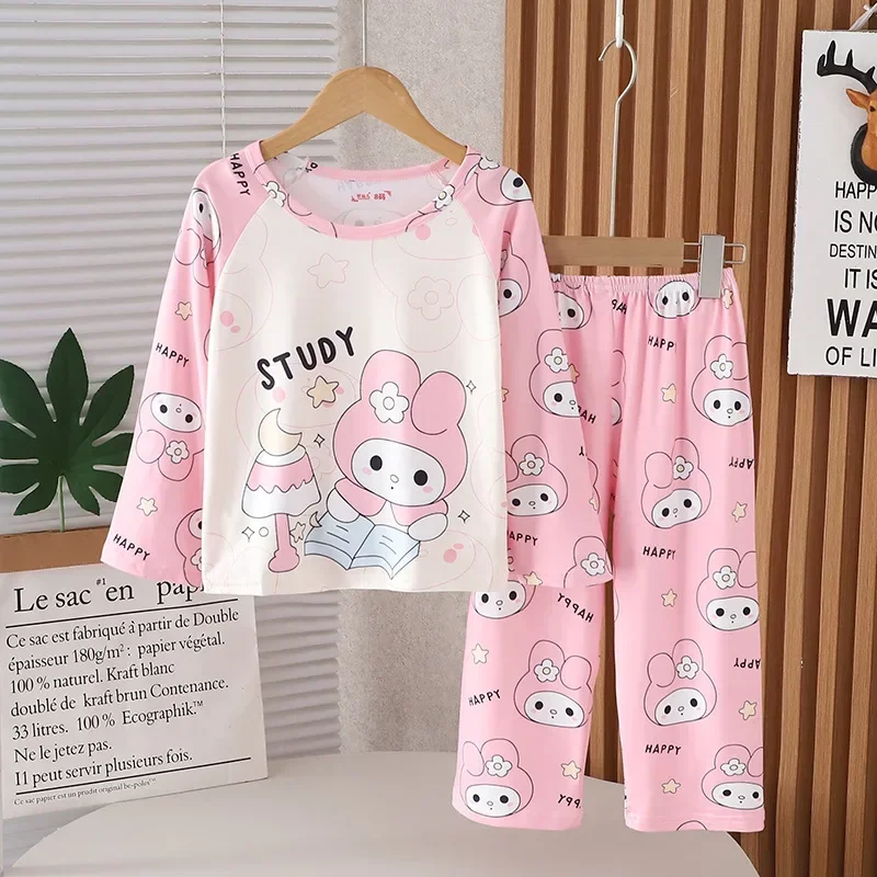 Anime Sanrio Pochacco Cinnamoroll Kuromi Children Loungewear My Melody Spring Autumn Long Sleeve Round Neck Girls Nightwear Set 4