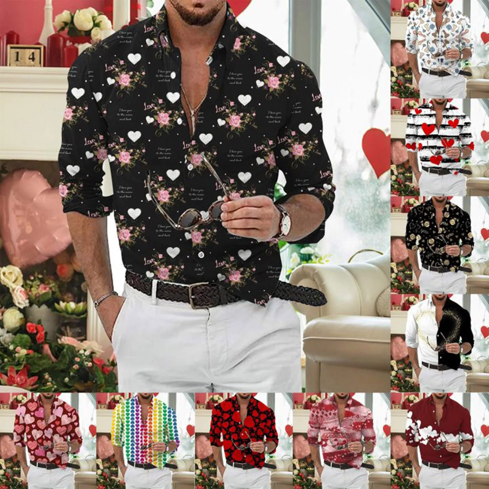 

Mens Fashion Casual Digital 3D Printing Love Valentines Day Heart Shaped Long Sleeve Streetwear Camisas De Hombre Geometric