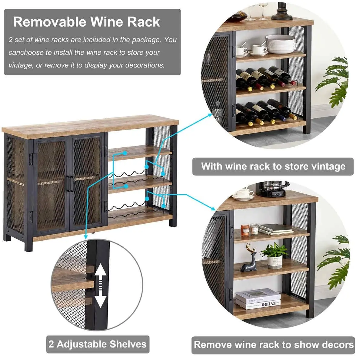 BON AUGURE Industrial Bar Cabinet for Liquor and Glasses, Rustic Wine Cabinet with Doors, Farmhouse Coffee Bar