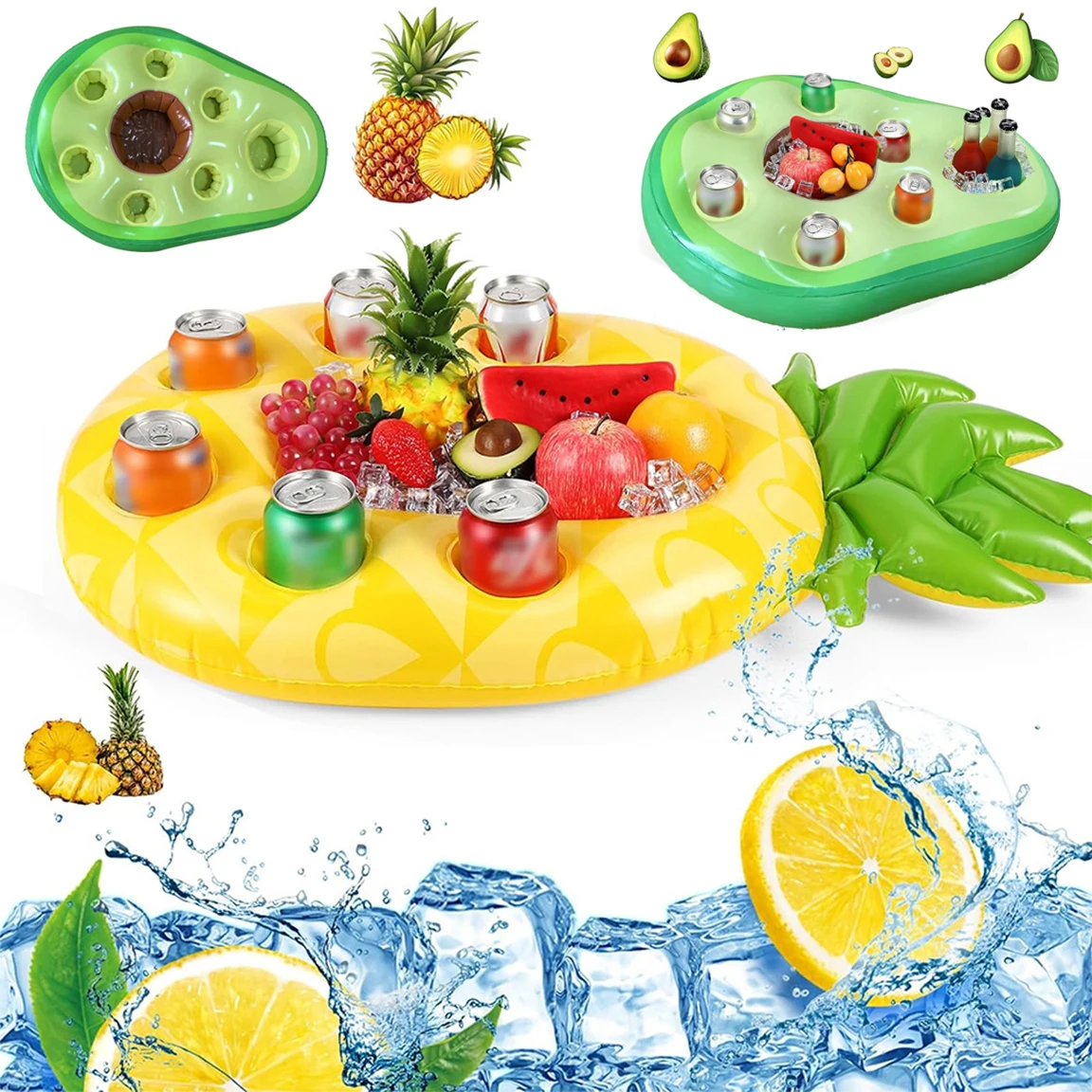 Floating Table Water Ice Bar Summer Party Ice Bag Pineapple & Avocado Shape Cup Holder Swimming Pool Inflatable Float Bucket