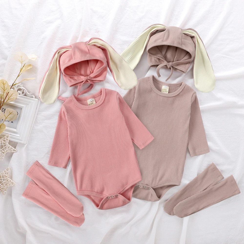 2024 Easter Newborn Baby Rabbit Romper Clothes 3 Pcs Solid Ear Hat 