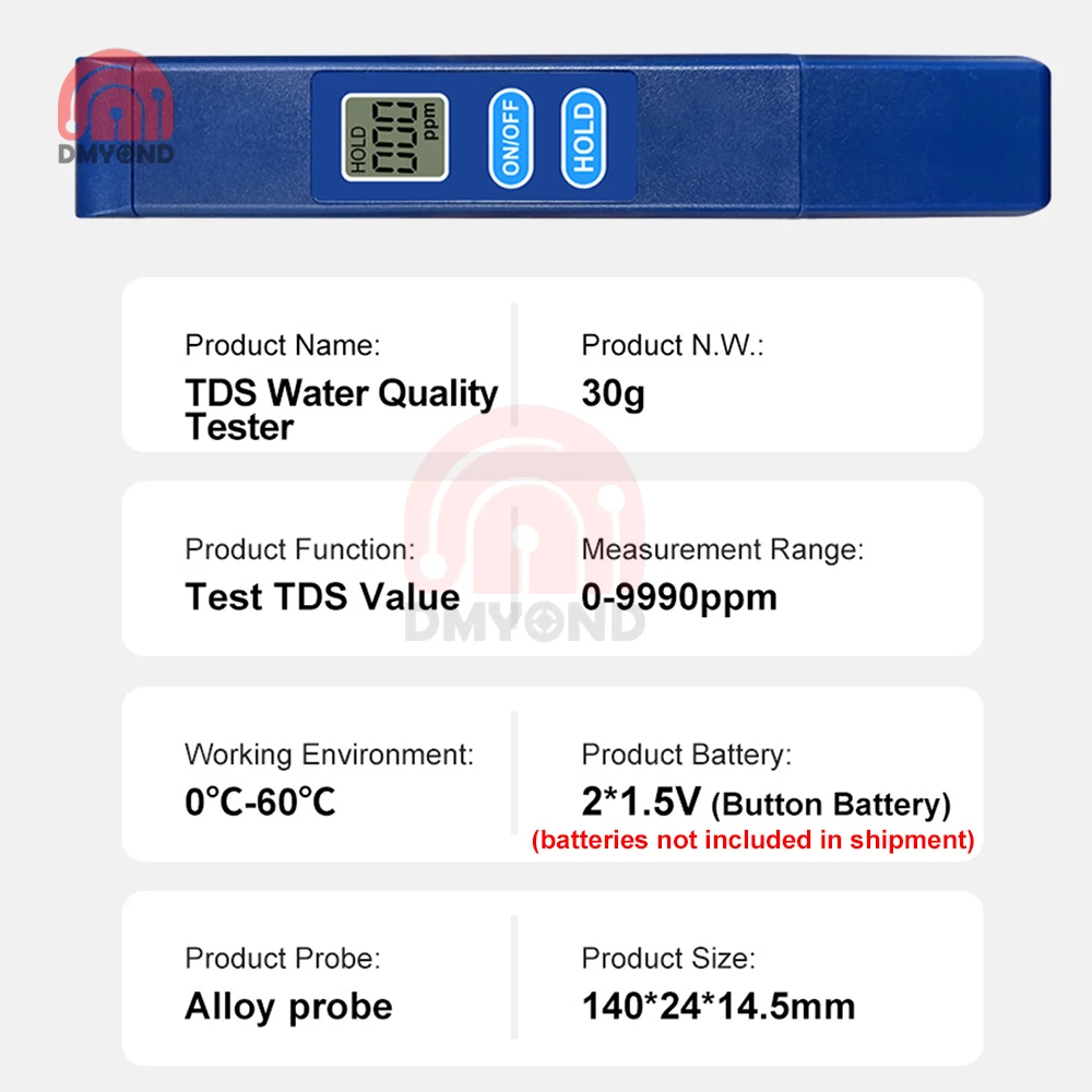 Portable TDS Water Quality Tester Pen 0-999ppm Alloy Probe Detector LCD Display Drinking/Pool/Aquaculture/Agriculture water tester,water quality detector