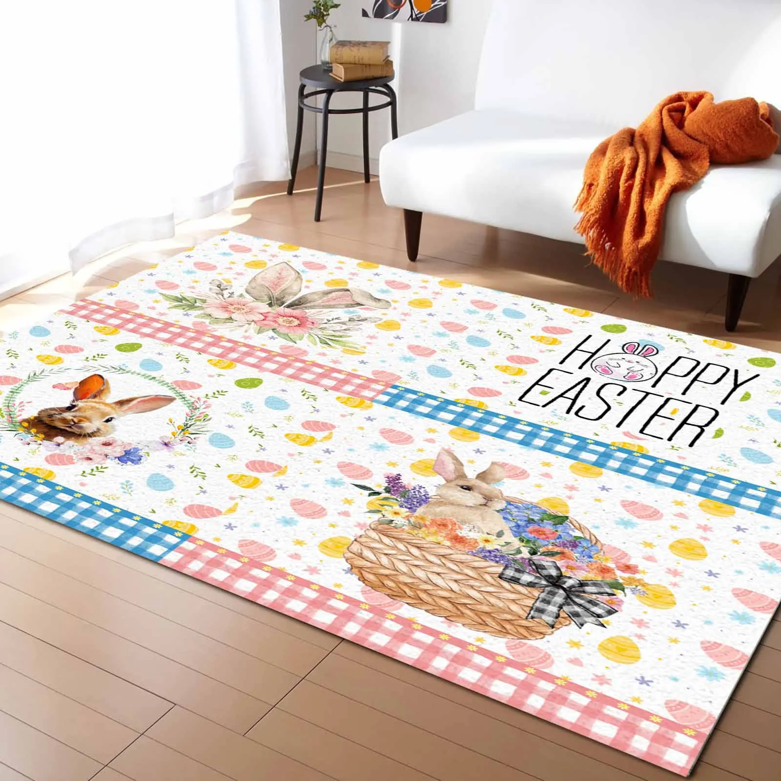 

Easter Egg Texture Watercolor Rabbit Living Room Floor Mat Children's Bedroom Bedside Carpet Kitchen Door