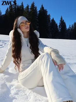 Windproof Hooded Skiing Jumpsuits Women's Warm Zipper Pleated Snowboard Ski Suit With Belt 2025 Winter New Lady Hiking Clothings