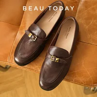 BEAUTODAY Loafers Women Cow Leather Waxing Round Toe Metal Buckle Strap Slip-on Flats Business Suit Ladies Shoes Handmade 26267