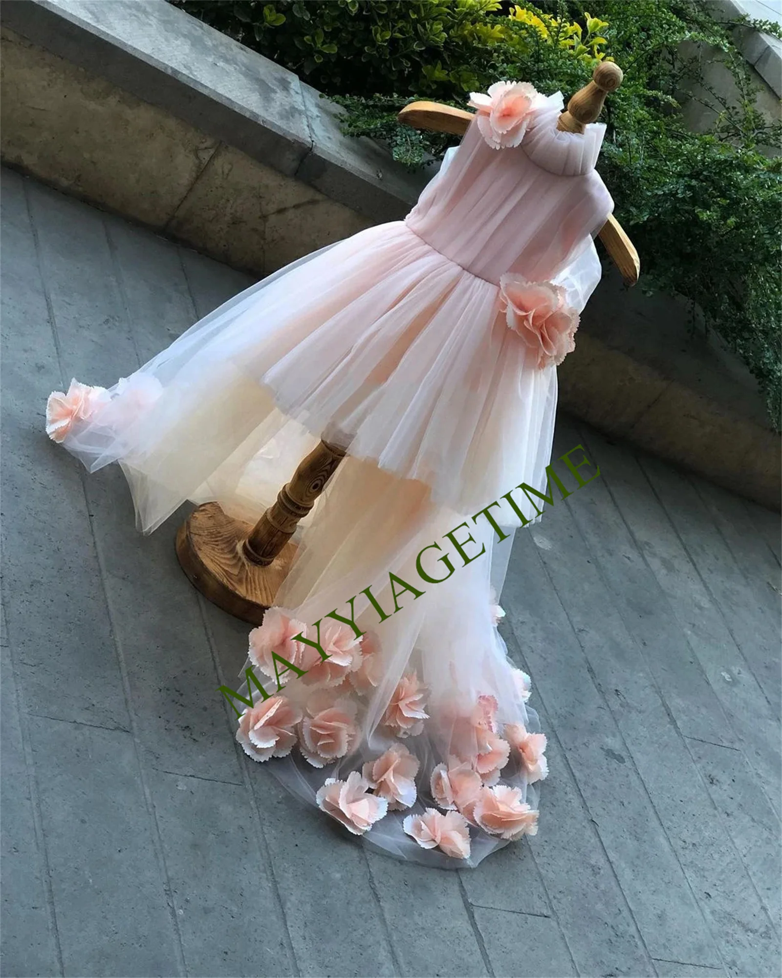 

Peach Gown Elegant High Neckline All-over Floral Appliques High-low Long Train at Back is Embellished with Flowers