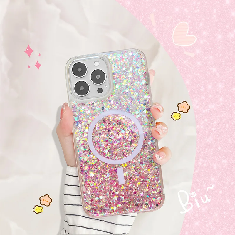 

50 шт. роскошный Магнитный блестящий чехол для телефона iPhone 13 Pro Max, Беспроводная зарядка, противоударный чехол, персонализированный Стильный чехол