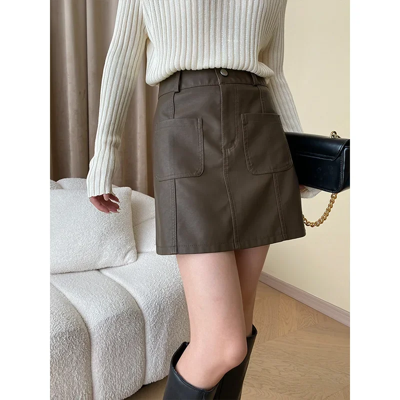 

Winter and Autumn PU A-line Skirt Leather Skirt Solid Color High Waist Niche Thin All-match Hip Skirt