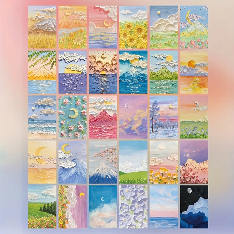 30 oil painting postcards art greeting cards layered art greeting cards Flower and Grass Mountain Butterfly Moon