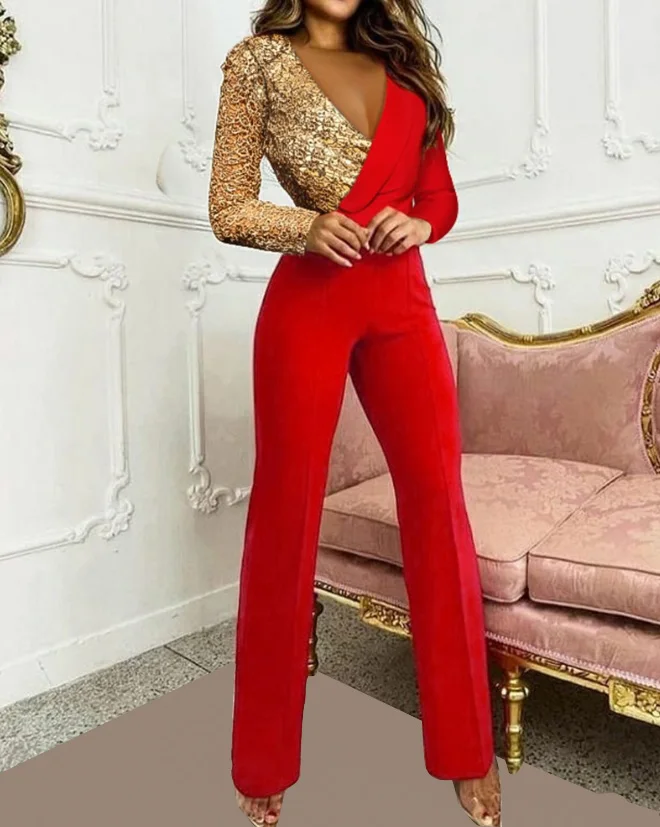 Women's casual long sleeved jumpsuit 2024 spring/summer new women's casual color blocking long sleeved suit jumpsuit
