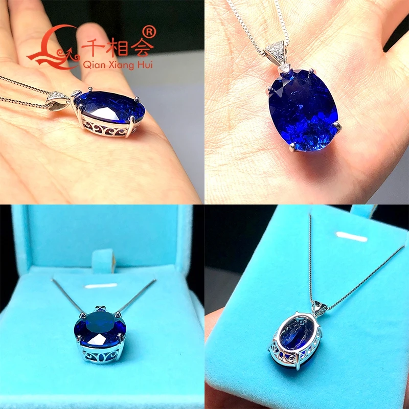 925 silver Fashion oval shape with inclusions Artificial  blue sapphire 14*19mm 18ct  ruby main stone Jewelry  Pendant Necklace
