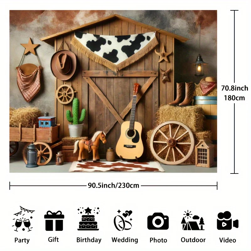 Hintergrund einer ländlichen westlichen Bauernhofparty, ausgestattet mit Heuhaufen und Wagenrädern, geeignet für Geburtstage und Einweihungsparty – Detail 7