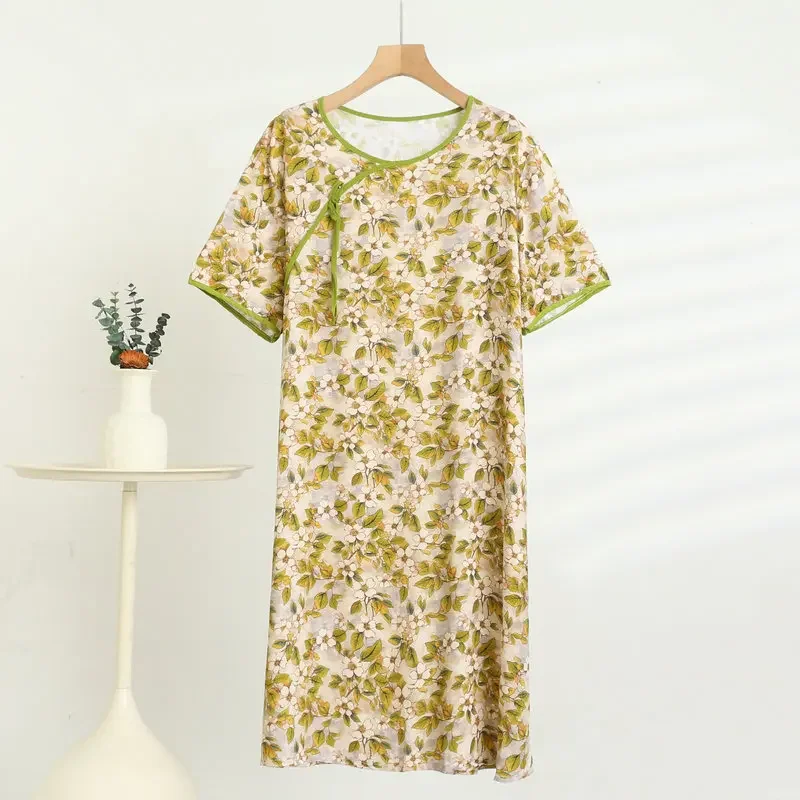 فستان حريري قطني بأكمام قصيرة على الطراز الصيني ال...