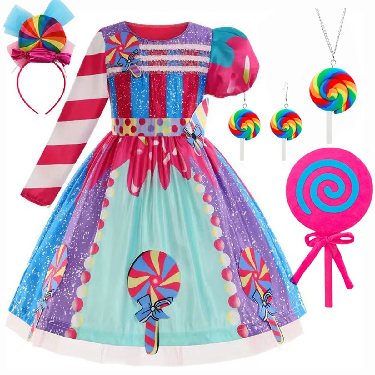 

2024 Purim Girl's Rainbow Candy Costume Kids Cosplay Lollipop Print Princess Dresses With Headband Rainbow Vestidos Sweet Girls