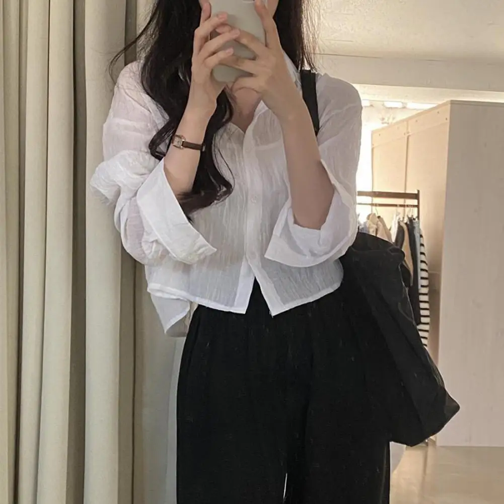 

Chic Cardigan Shirt Thin Office Blouse Lapel Women Solid Color Sun Protection Shirt Versatile