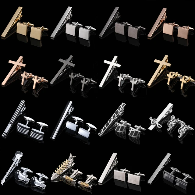Copper material tie clip cufflink set cross square brushed design fashion brand men's French shirt cufflink business tie clip