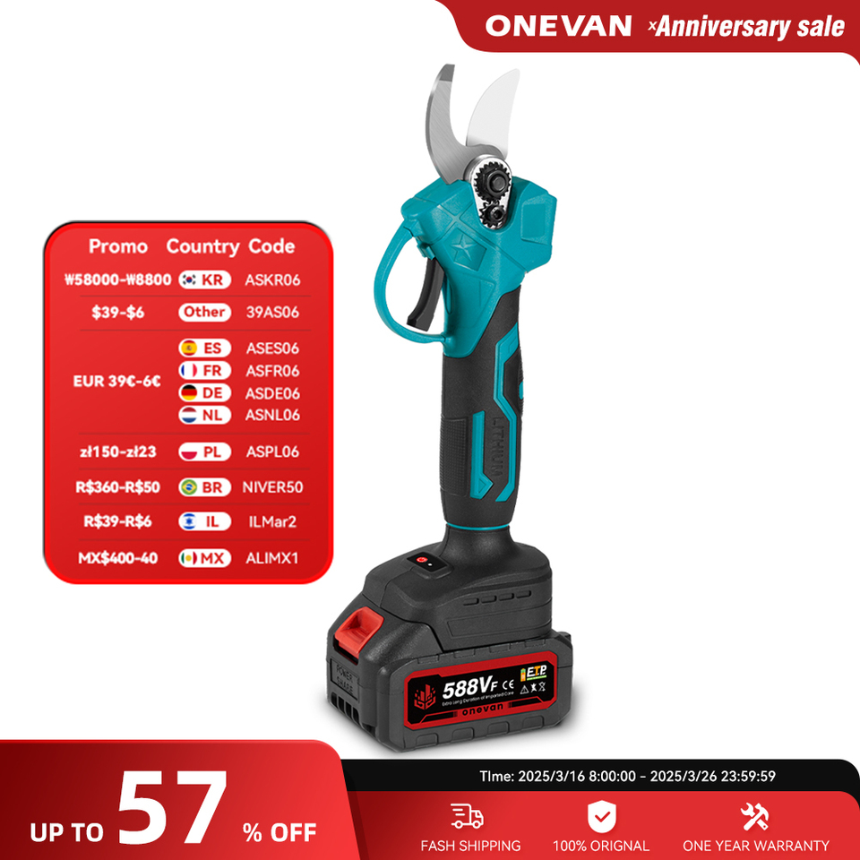 ONEVAN 1000W 30MM Brushless Electric Pruning Shear 3 Pins Plug Cordless Electric Scissors Garden Tools For Makita 18V Battery