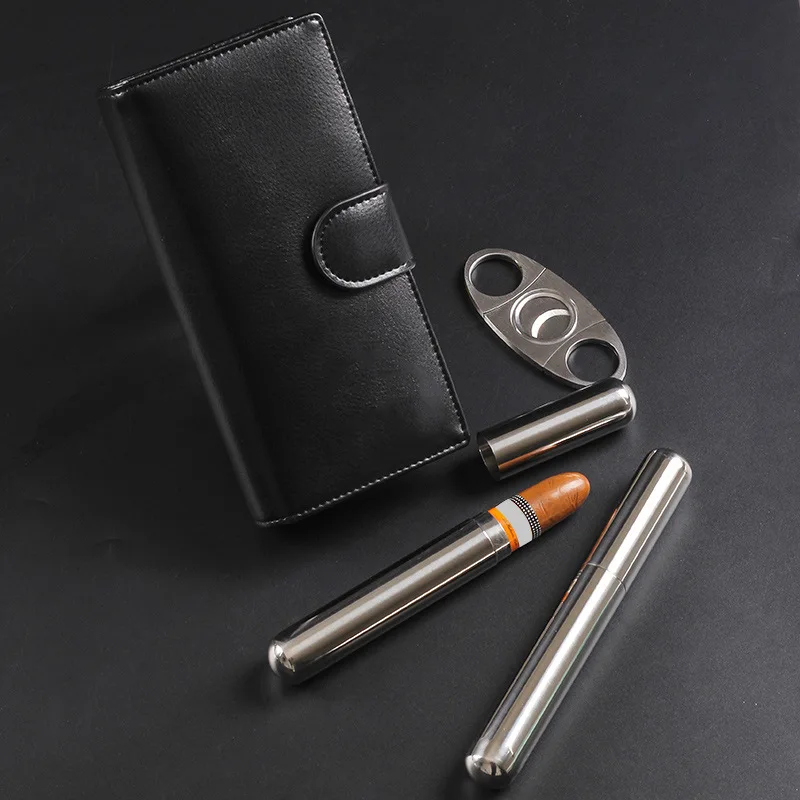 

Portable Stainless Steel Cigar Lighters Set, Creative Leather Case Cigar Cutter, Humidor, Moisturizing Tube, Smoking Accessories