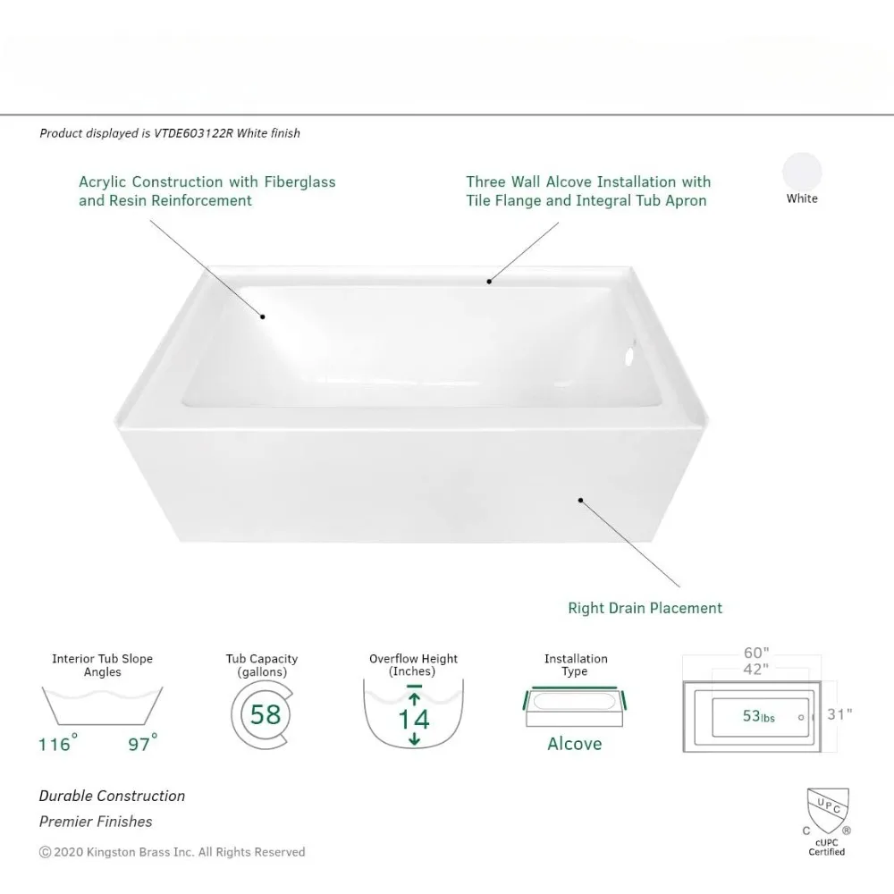 60-Inch Contemporary Acrylic Bathtub with Right Hand Drain and Overflow Holes Acrylic Construction Effortless Installation 3