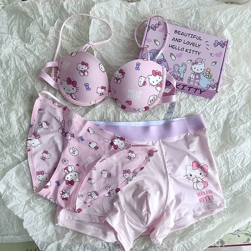 Kawaii Hello Kitty Underwear Set 2023 New Cartoon Printed Sanrio Kitty Cat  Bra Underpants Funny Couple Briefs Sweet Girl Bra Set