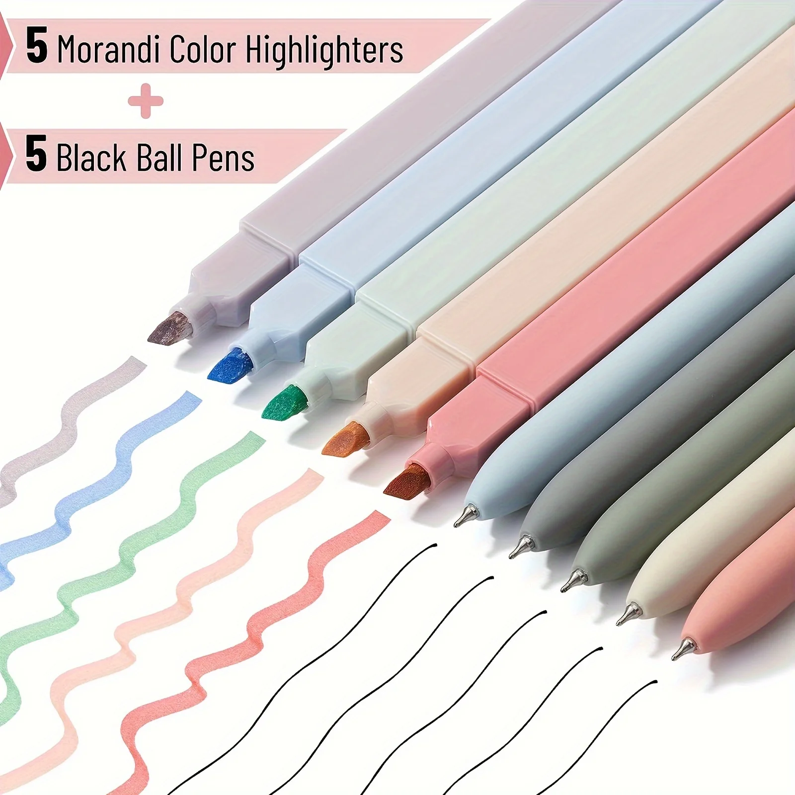 10pcs Highlighters And Gel Pens Morandi Color Highlighters, Black Ink Ballpoint Pens, For Journaling School Office Supplies 3