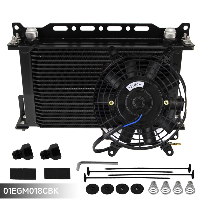 Universal 22 Row An10 Engine Oil Cooler W/ 2Pcs An10 To An8 Fittings + 7" Electric Fan Black/Silver For Bmw N54