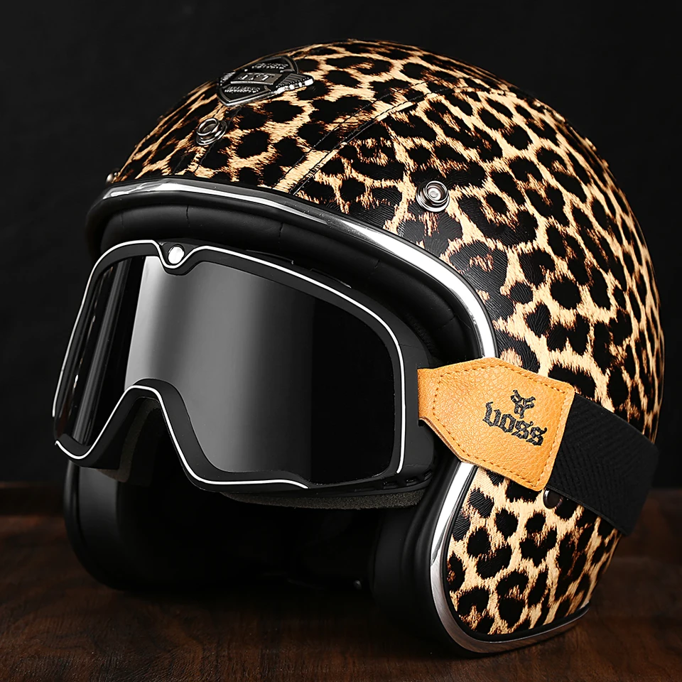 ヒョウ柄のオートバイ用ヘルメット,レトロ,女性用,ハーフバイク