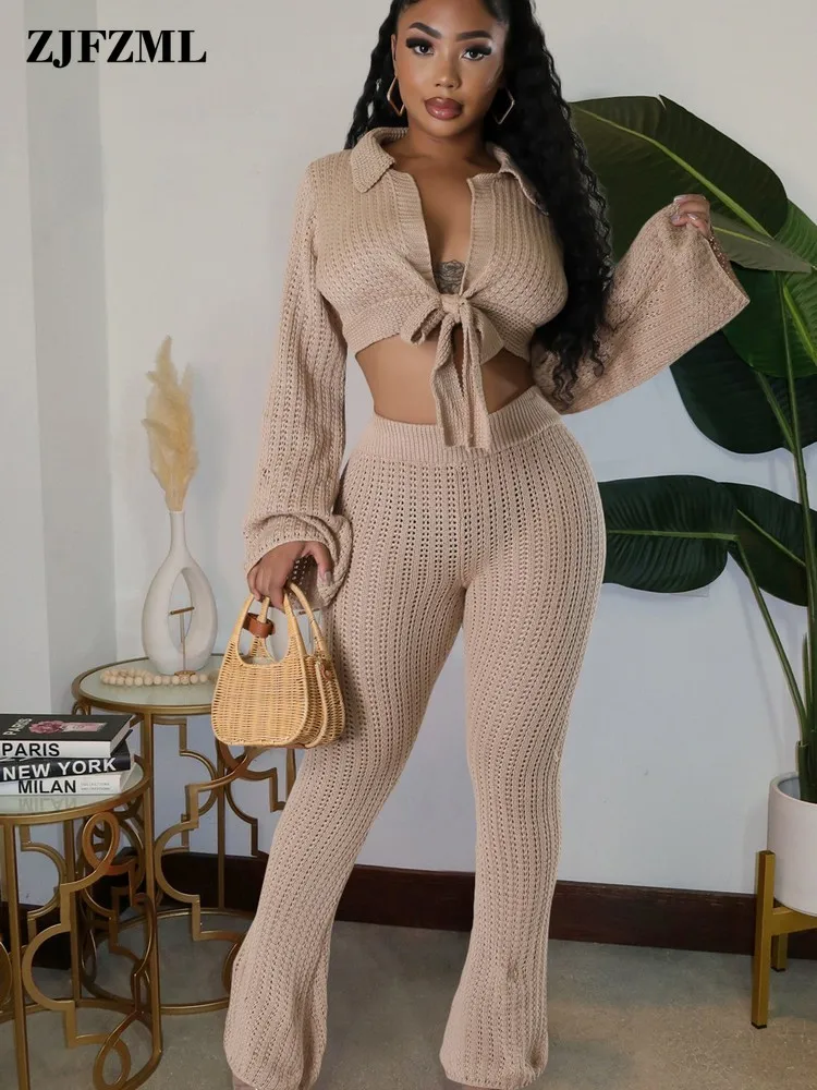 

Knitted Bandage Two Piece Outfits Sexy Autumn Clothing For Women Low Cut Short Sweater + Tummy Control Straight Leg Pants Sets